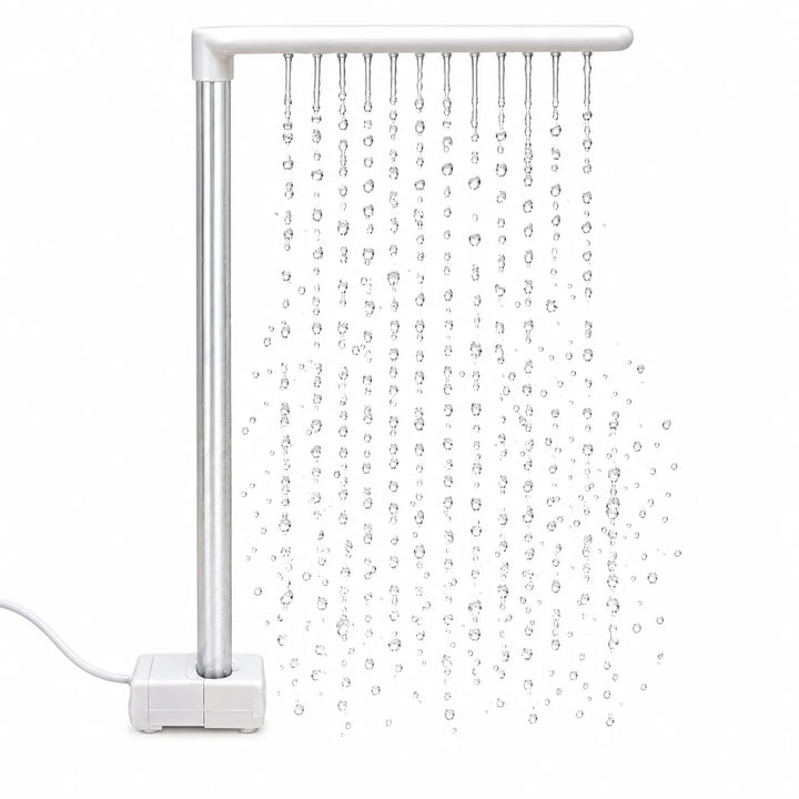 White bird shower with an L-shaped spray arm and square pump base, water falling in many fine streams on a plain background. 1