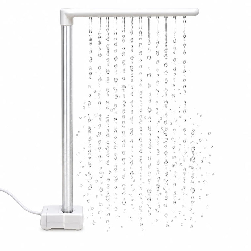 White bird shower with an L-shaped spray arm and square pump base, water falling in many fine streams on a plain background. 1