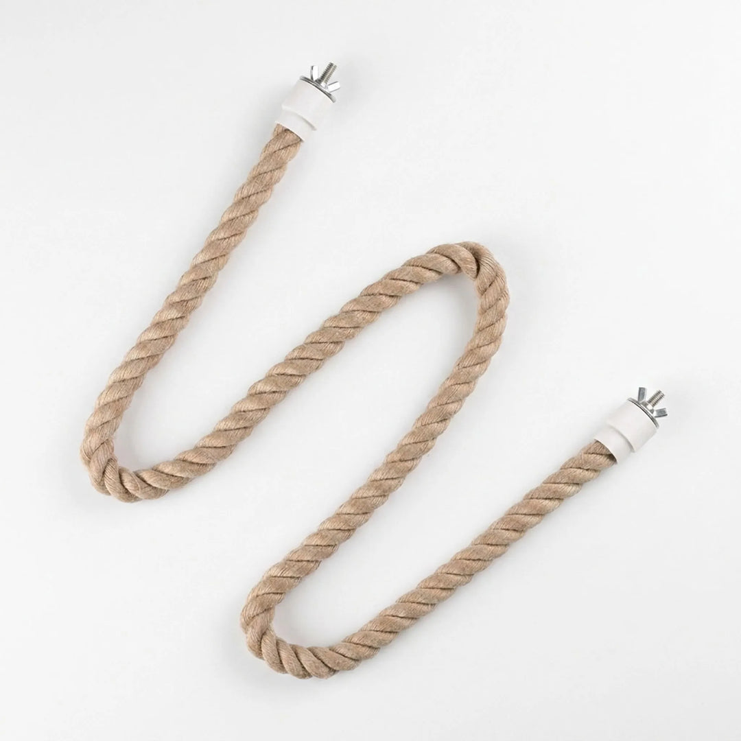 Flat lay of a twisted natural-fibre rope perch curved in an S-shape, with a white cap and wing nut at each end. 1