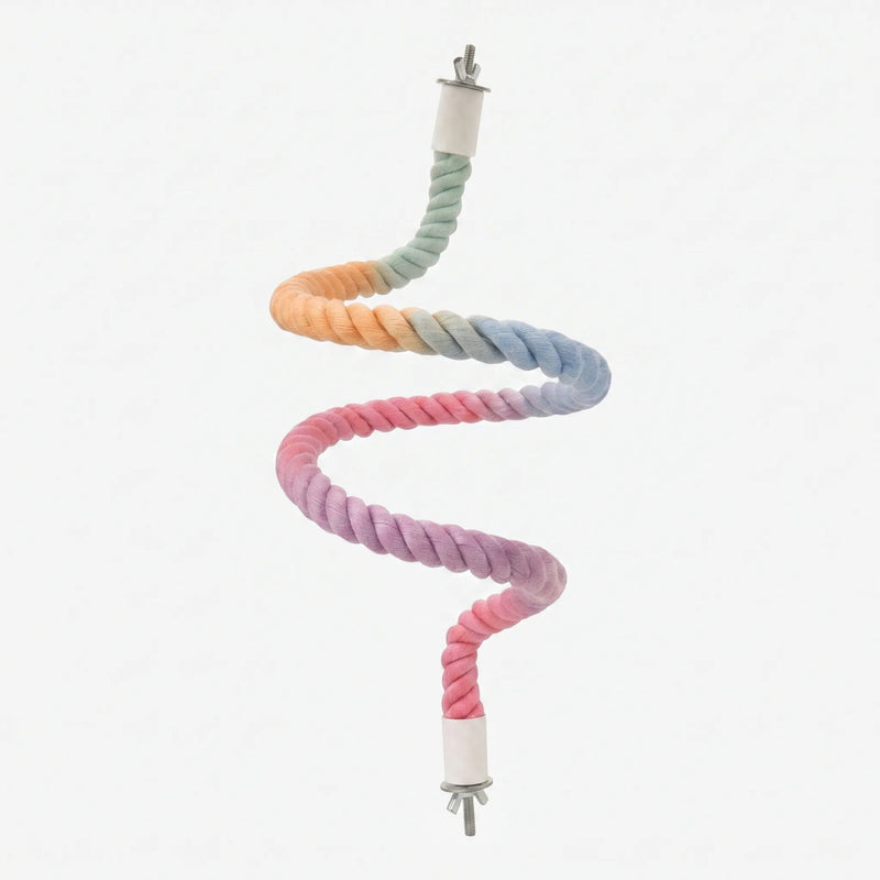 Full length of the twisted rope perch bent into a zigzag, fading from green through orange, blue, pink and purple, with metal bolt fittings at both ends. 1