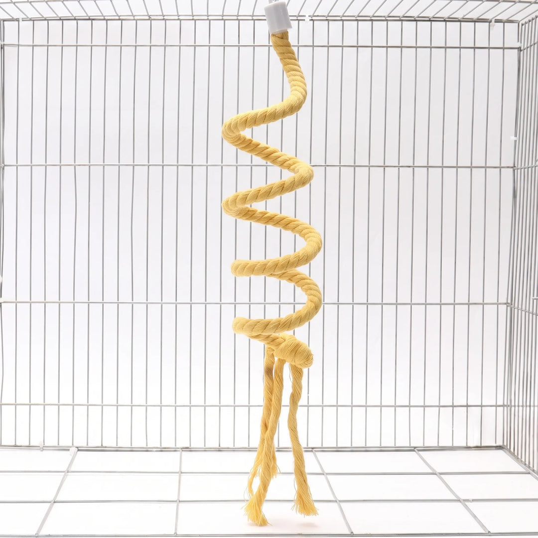 Yellow twisted cotton rope perch coiled into a spiral, hanging from a white cap inside a wire cage, ending in a knot and frayed tails. 1