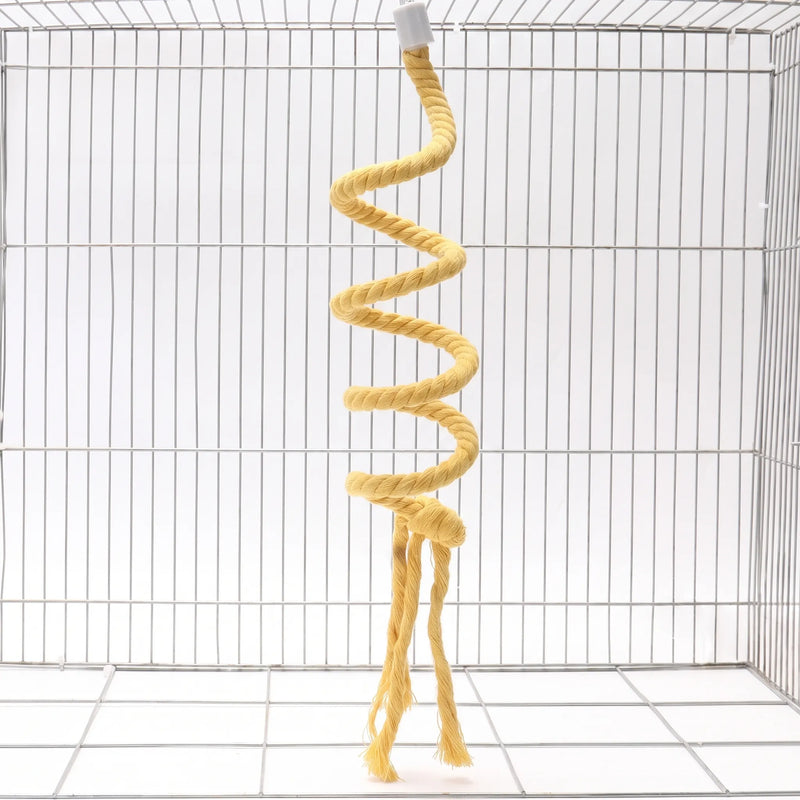 Yellow twisted cotton rope perch coiled into a spiral, hanging from a white cap inside a wire cage, ending in a knot and frayed tails. 1