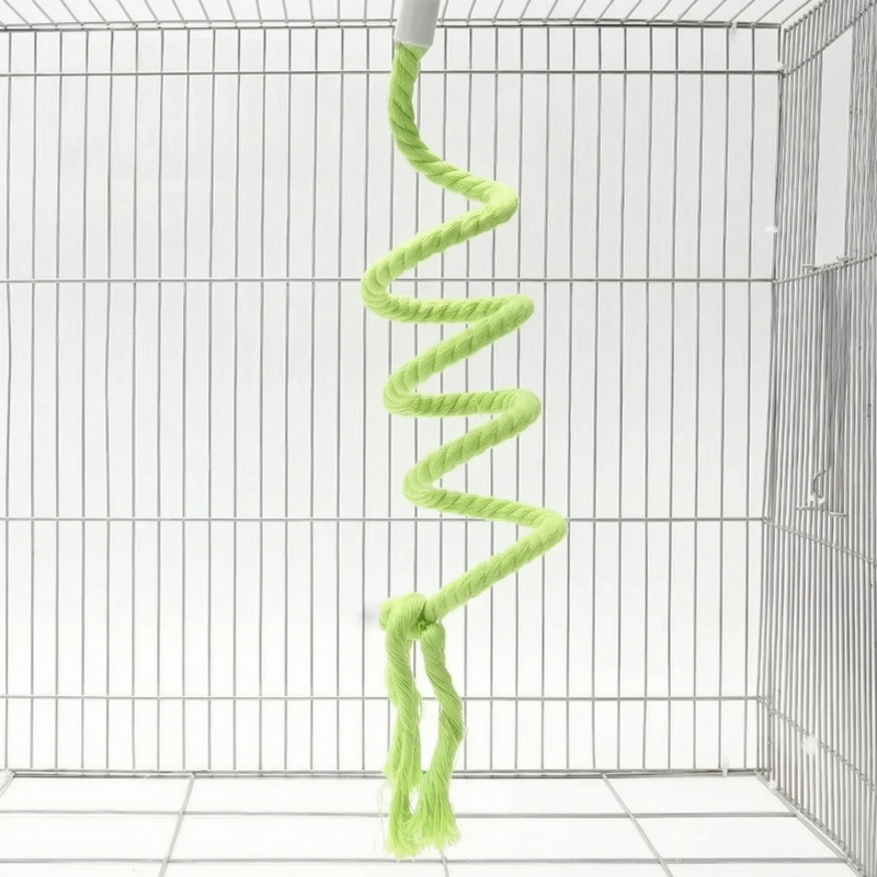 Light green version of the spiral rope perch hanging in a wire cage, with a knot and two frayed tails at the bottom. 5