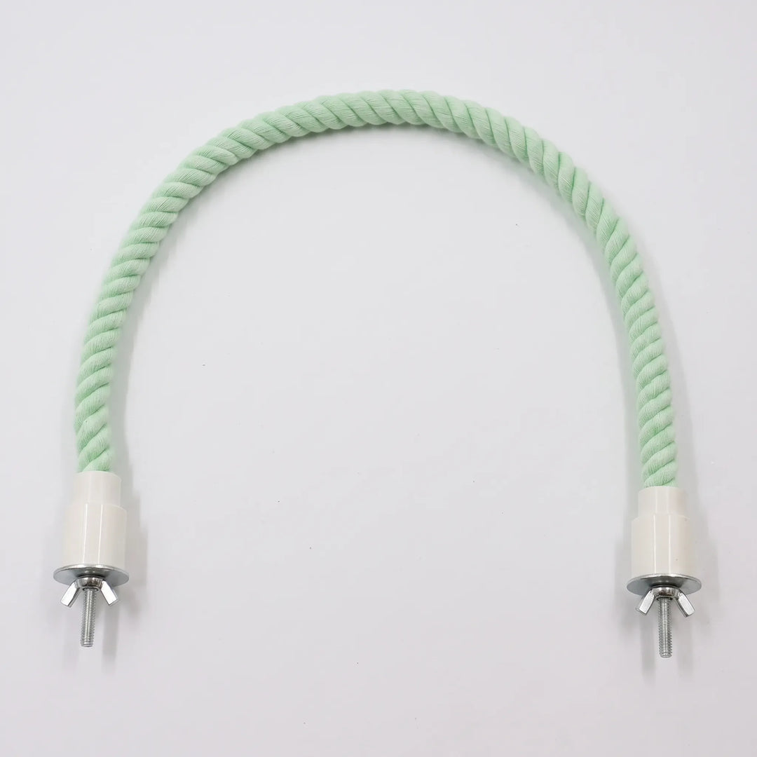 Single mint green rope perch curved into an arch on a plain background, with white end caps and metal wing-nut bolts. 4