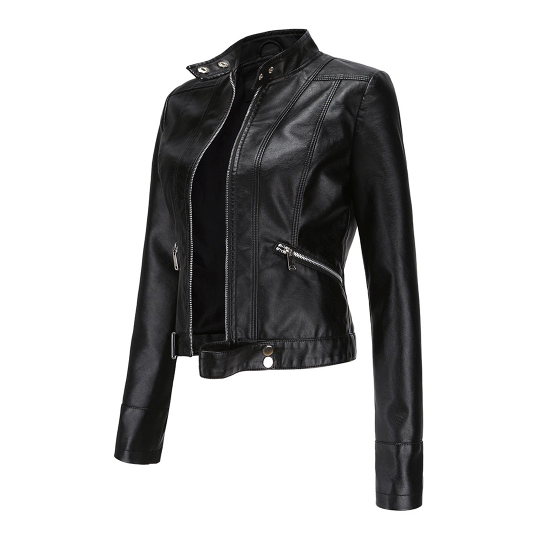 Black cropped jacket open at the front, angled side view on white, showing the interior 5