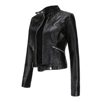 Black jacket unzipped, angled side view showing the diagonal zip pocket, collar snaps and waist tab 5