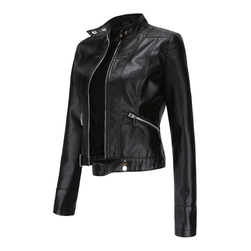 Side-angle view of the black cropped jacket on white, showing open zip, snap collar and sleeve cuffs 5