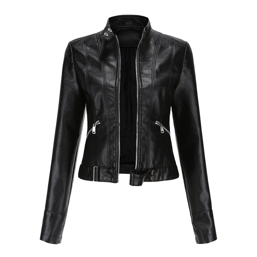 Black jacket unzipped on a white background, front view showing stand collar, zip pockets and waist tab 2