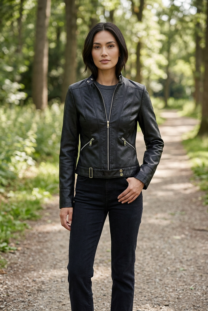 Woman in a black cropped zip jacket, dark jeans and grey top on a woodland path 1