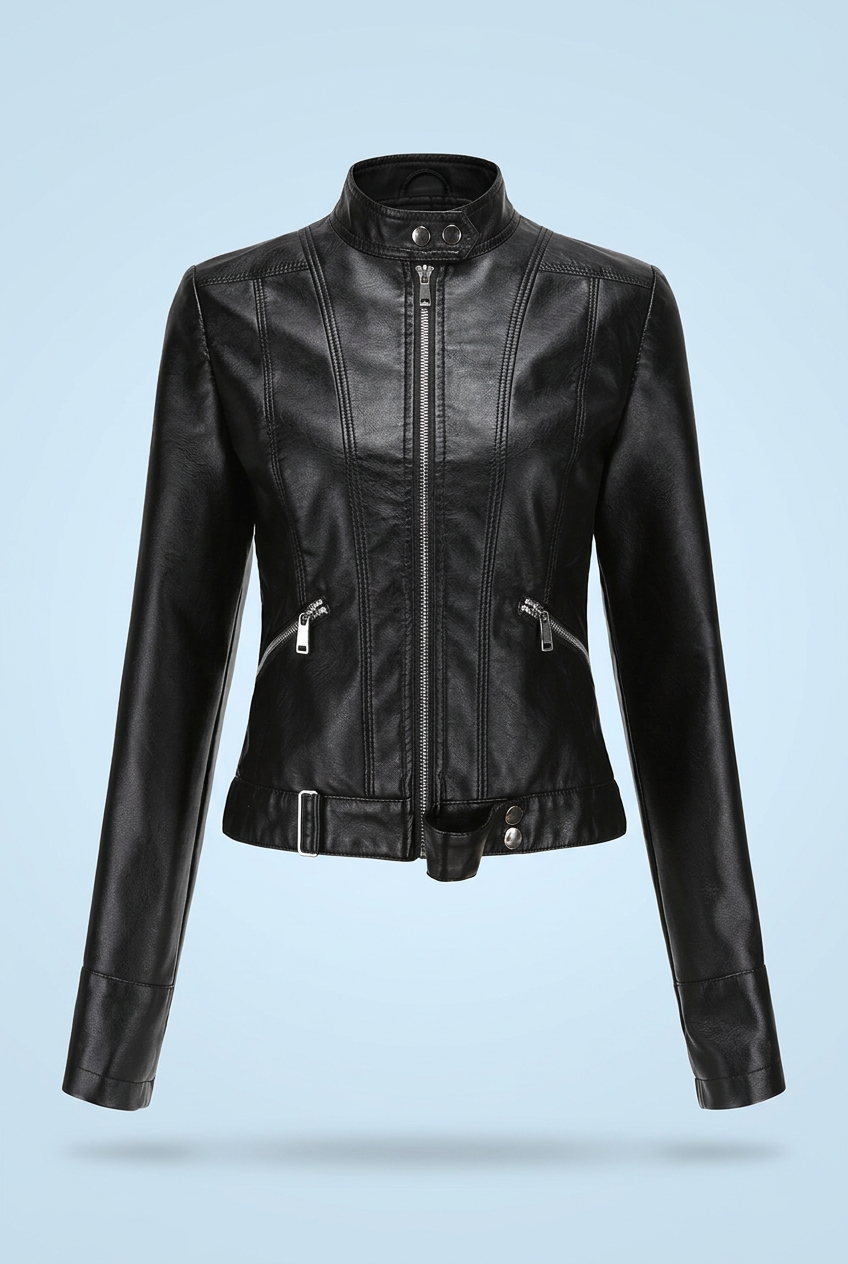 Black cropped jacket zipped up, front view, showing stand collar, diagonal zip pockets and belted hem 2