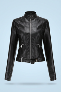 Black cropped jacket zipped up, front view, showing stand collar, diagonal zip pockets and belted hem 2