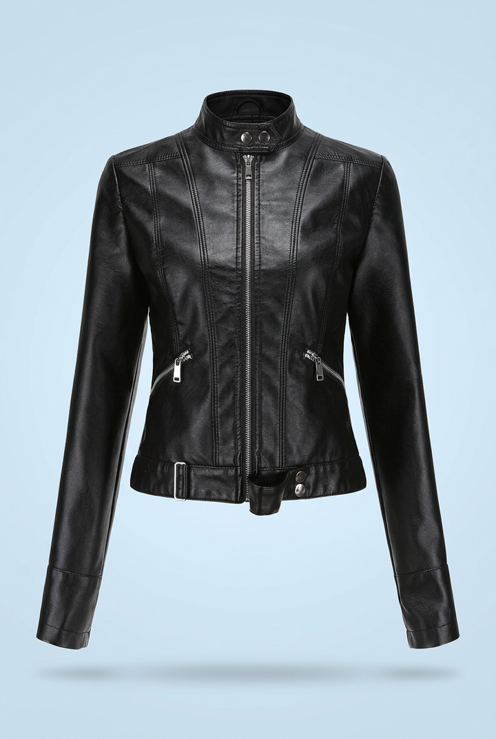 Black cropped jacket zipped up, front view, showing stand collar, diagonal zip pockets and belted hem 2