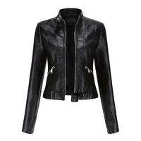 Front view of the black cropped jacket, unzipped, with stand collar, diagonal zip pockets and buckled waist tab 3