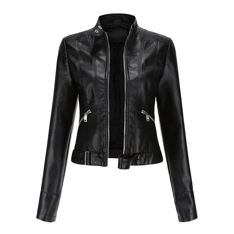 Front view of the black cropped jacket, unzipped, with stand collar, diagonal zip pockets and buckled waist tab 3