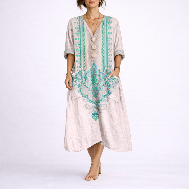 Bohemian Printed V Neck Kaftan Dress - Carole