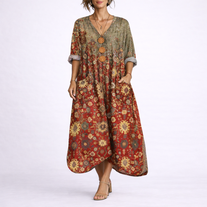 Bohemian Printed V Neck Kaftan Dress - Carole