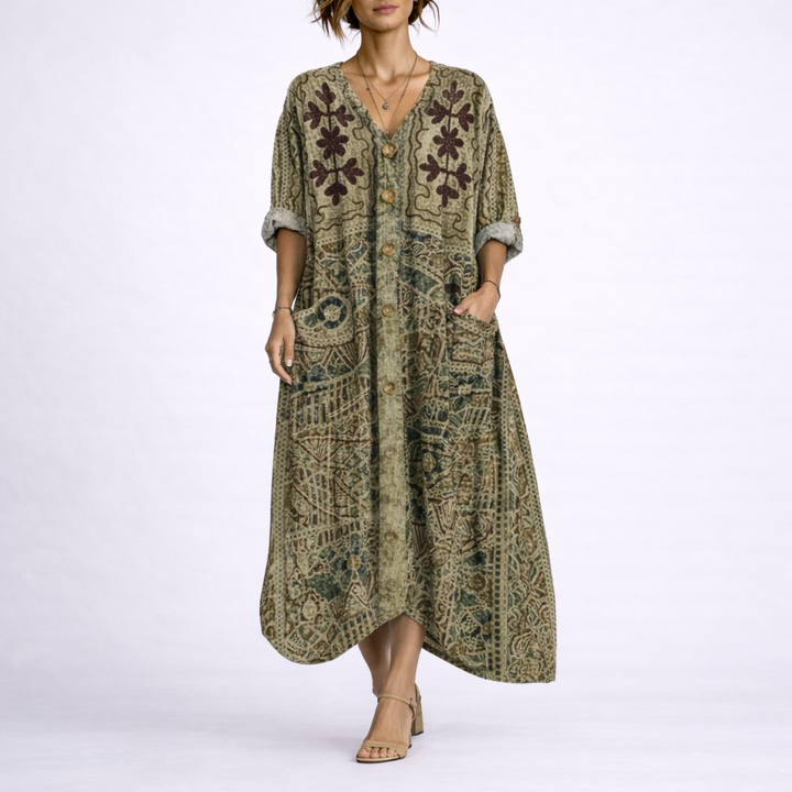 Bohemian Printed V Neck Kaftan Dress - Carole