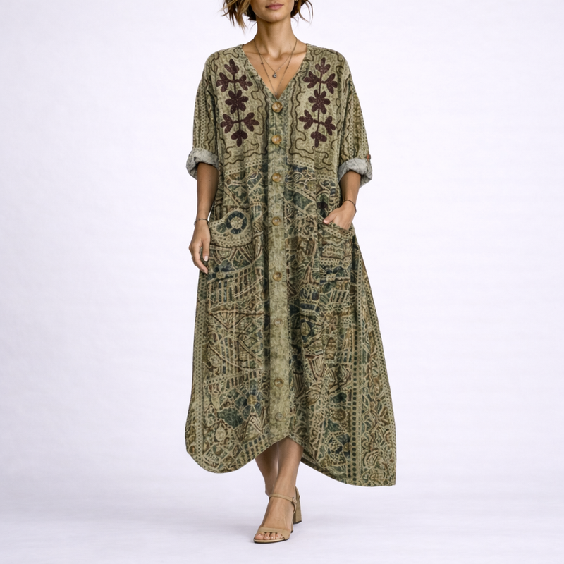 Bohemian Printed V Neck Kaftan Dress - Carole