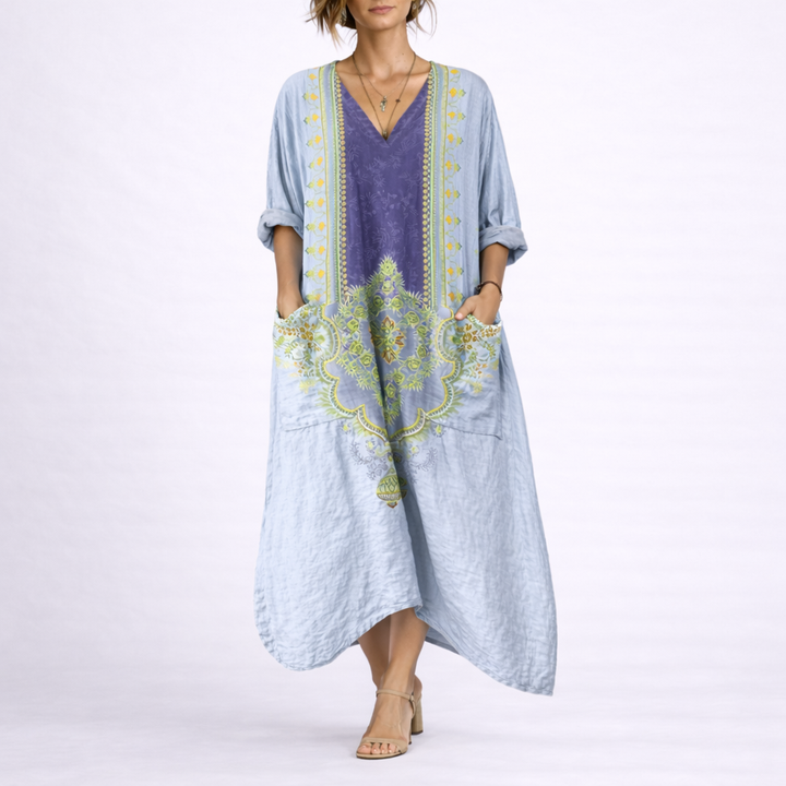 Bohemian Printed V Neck Kaftan Dress - Carole