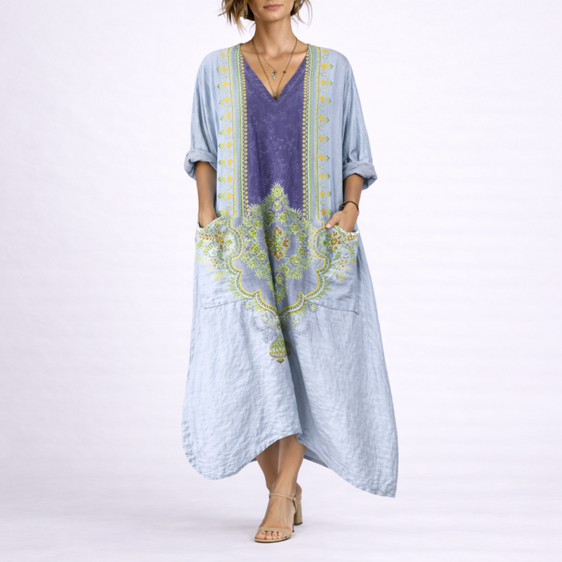 Bohemian Printed V Neck Kaftan Dress - Carole
