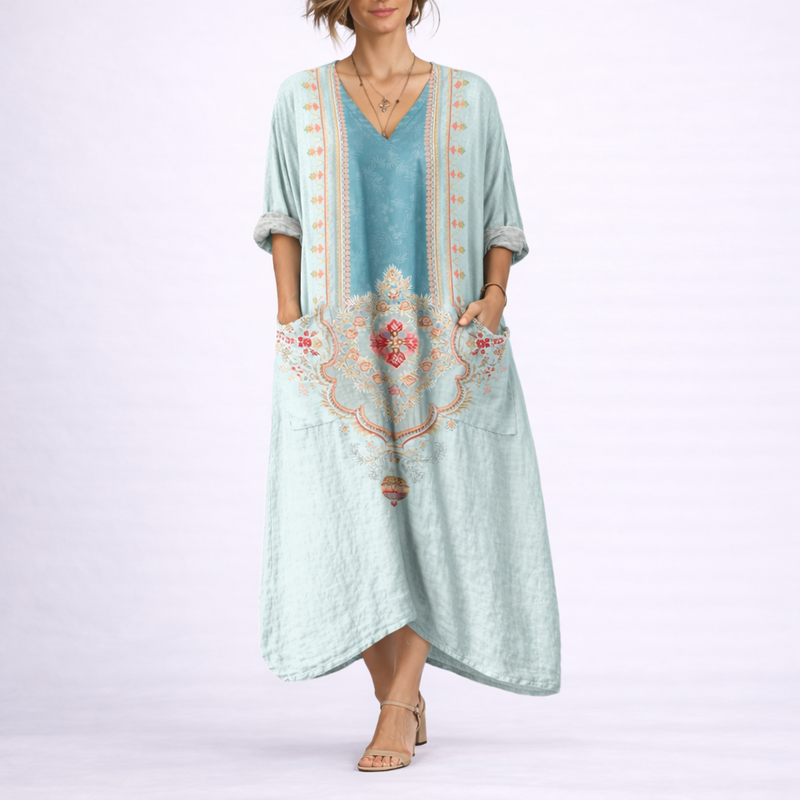 Bohemian Printed V Neck Kaftan Dress - Carole