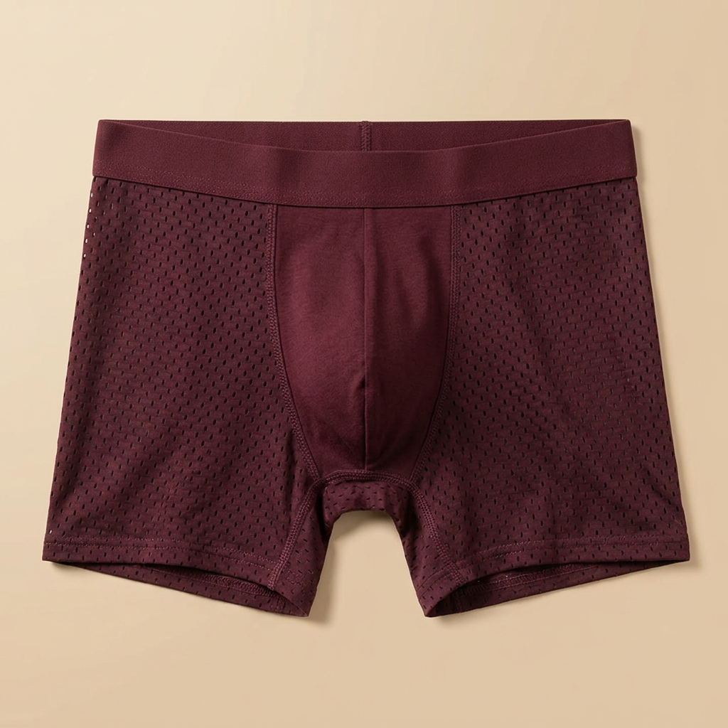 Burgundy boxer shorts laid flat, showing the mesh panels, stitched pouch seams and wide waistband 7