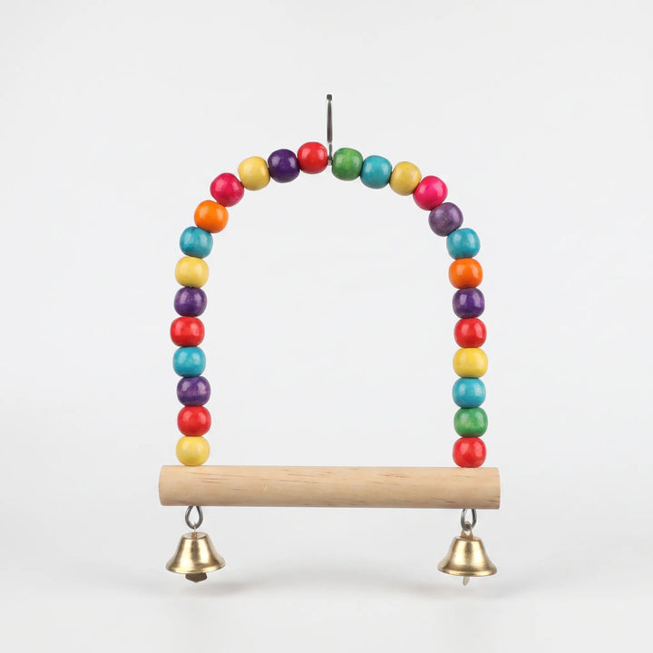 Front view of the swing on a plain light background, showing the bead arch, wooden perch bar and both bells. 5