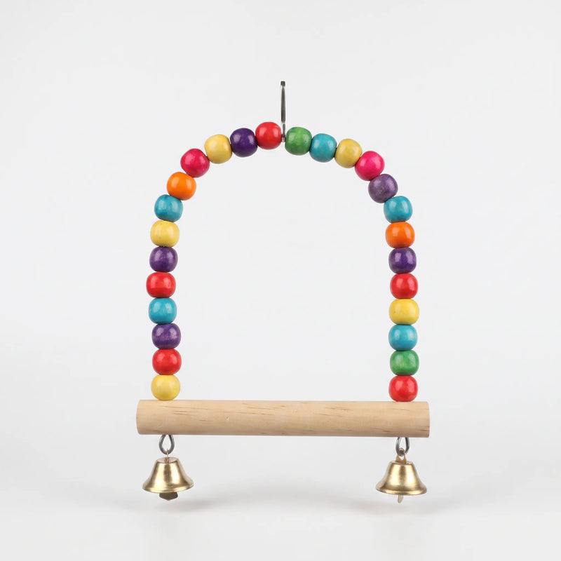 Front view of the swing on a plain light background, showing the bead arch, wooden perch bar and both bells. 5