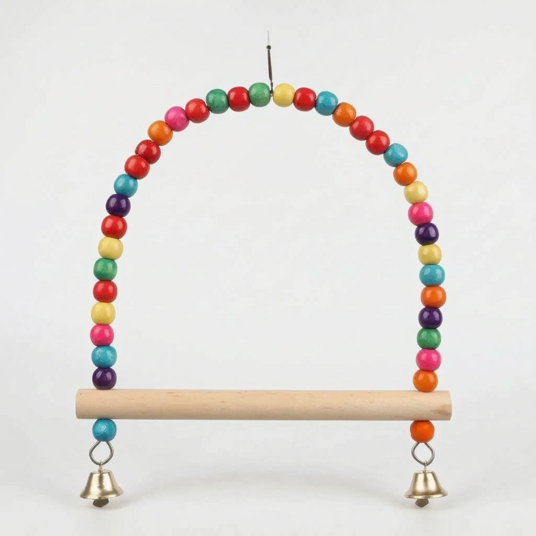Wider version of the swing with a longer arch of more beads and a longer wooden perch, two bells hanging below. 6