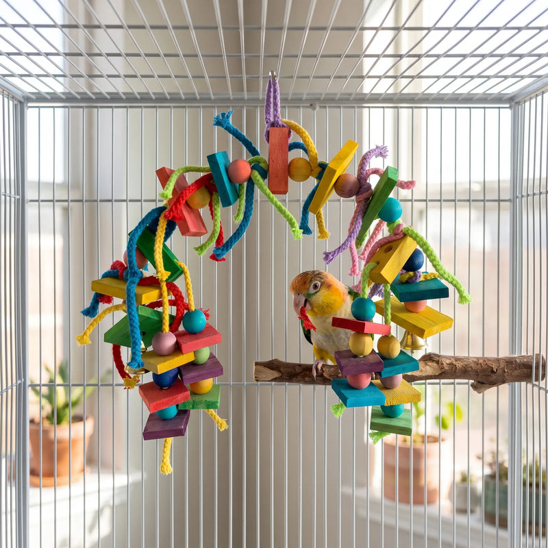 Same arched toy hanging inside a white cage, with a small parrot perched on a branch and chewing one of the rope strands. 2