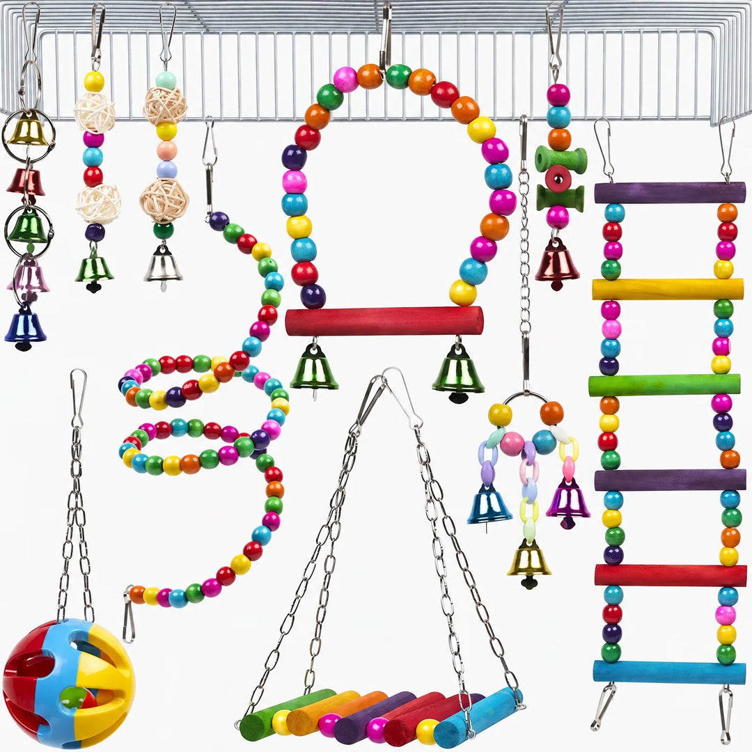 Full set of colourful beaded toys, bells, ladder, swing and plastic ball hanging from a cage roof. 5