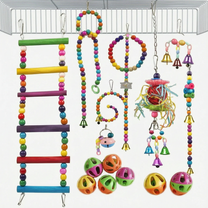 Bright beaded ladder, curled bead strands, jingle bells, shredding toy and six small plastic balls hanging from a cage roof. 7