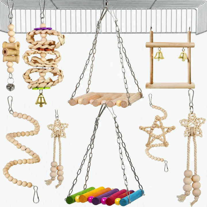 Natural wooden bird toys hanging from a cage roof: bead strings, rattan stars, woven chew, bell swing and two perch platforms. 8