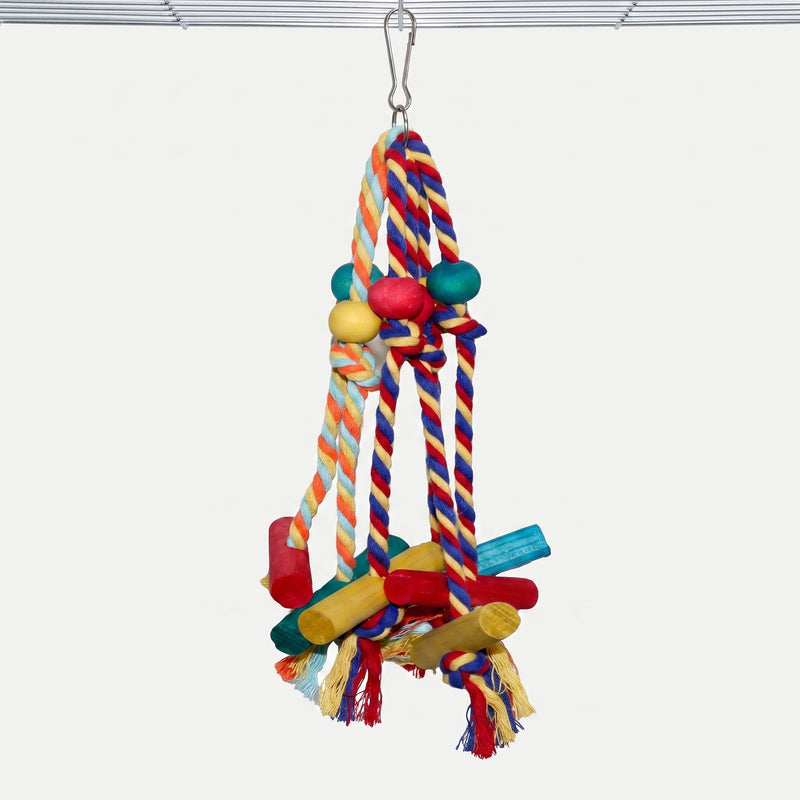Toy of knotted multicoloured cotton ropes, painted wooden beads and chunky wooden blocks, hanging by a steel clip from a wire cage top. 1