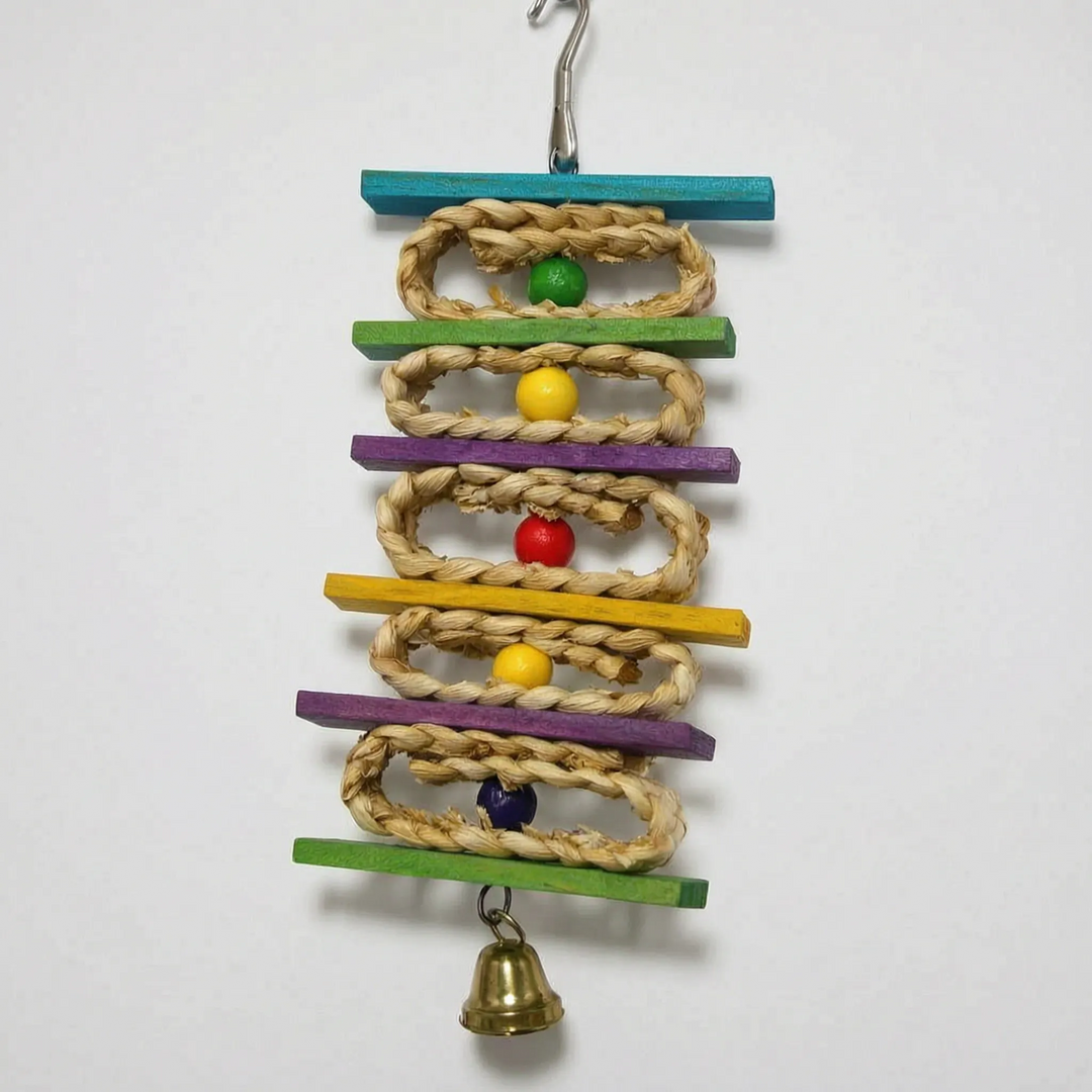 Different style of toy with braided straw loops, coloured wooden slats, small beads and a brass bell at the bottom. 5