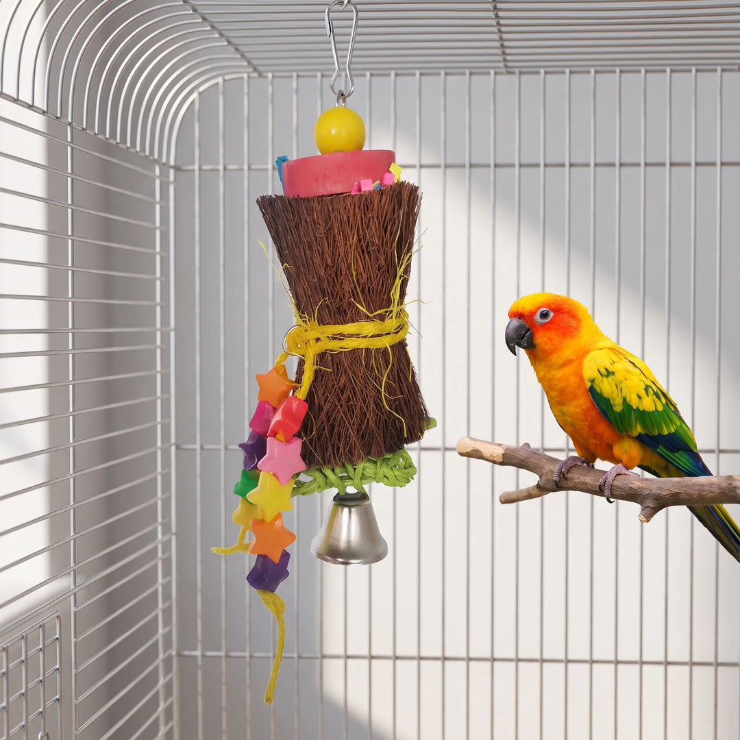 Fibre bundle toy with star beads and bell hanging from a cage roof, with a sun conure perched on a branch. 4