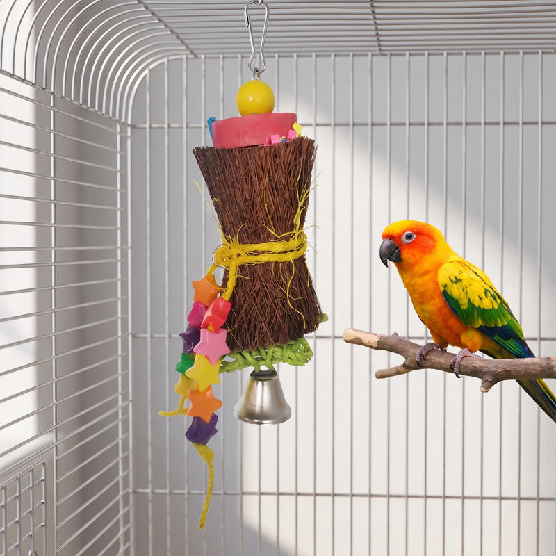 Fibre bundle toy with star beads and bell hanging from a cage roof, with a sun conure perched on a branch. 4