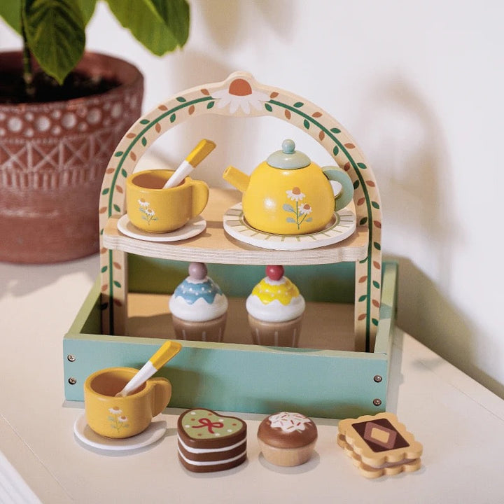 Wooden children's tea set with cupcakes and a teapot – Playtime