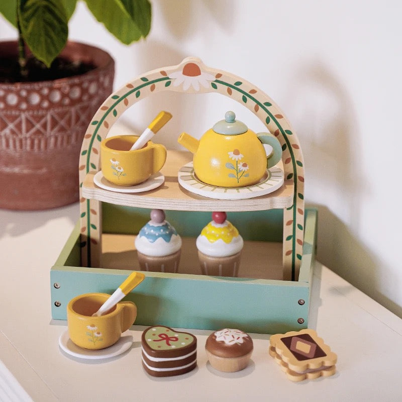 Wooden children's tea set with cupcakes and a teapot – Playtime