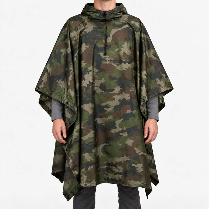 Front view of the hooded poncho in a classic woodland camouflage pattern of green, brown and black blotches. 14
