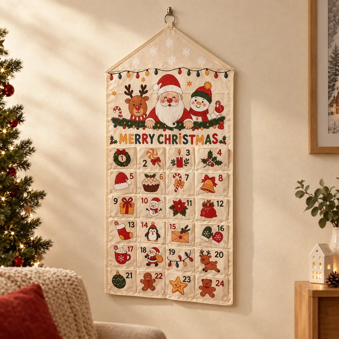 Cream canvas advent calendar with 24 numbered pockets hanging on a wall beside a lit Christmas tree and cozy living room decor. 1