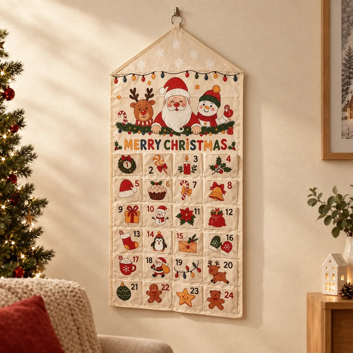 Cream canvas advent calendar with 24 numbered pockets hanging on a wall beside a lit Christmas tree and cozy living room decor. 1