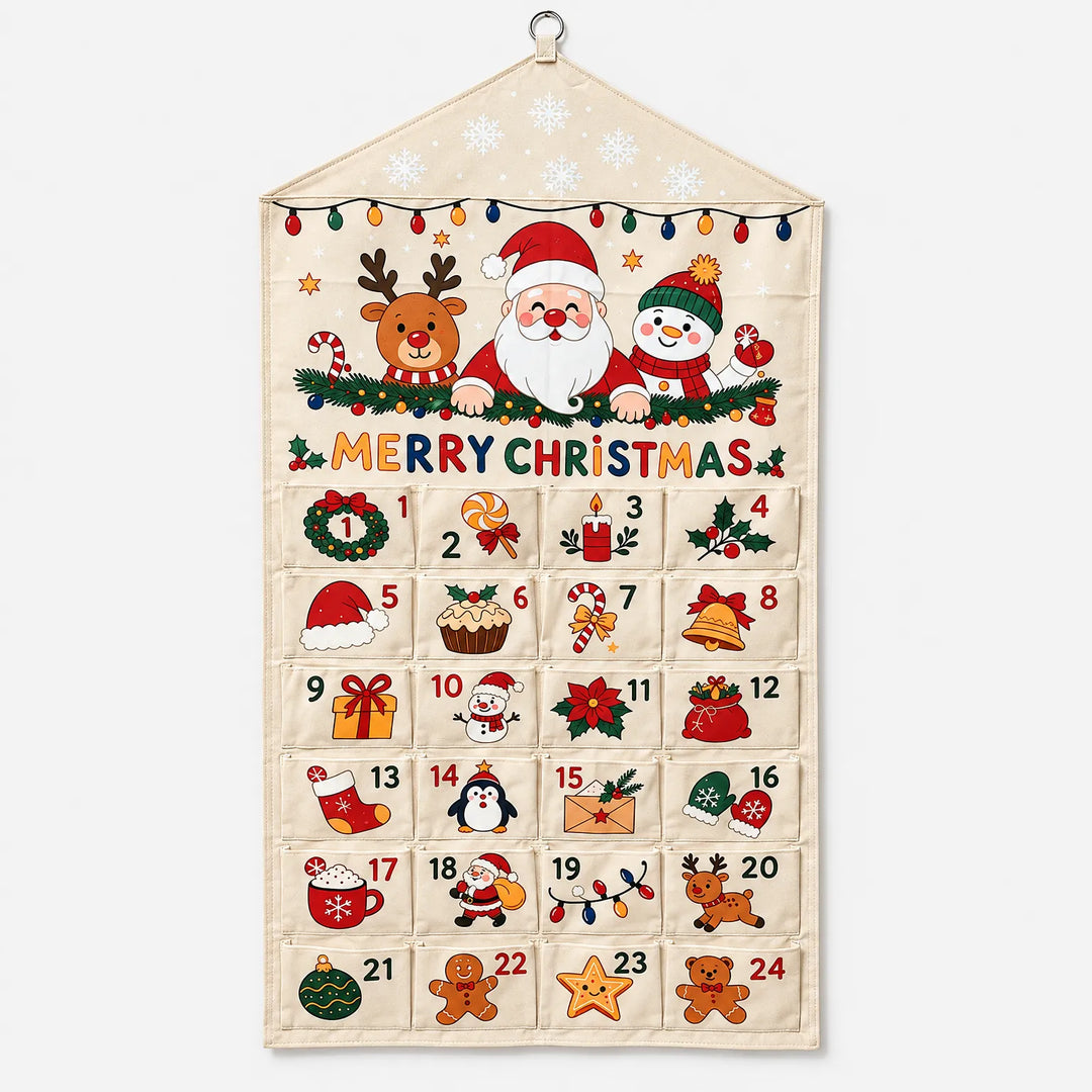 Front view of the cream canvas advent calendar on a plain background, showing Santa, a reindeer, a snowman and 24 numbered pockets. 2