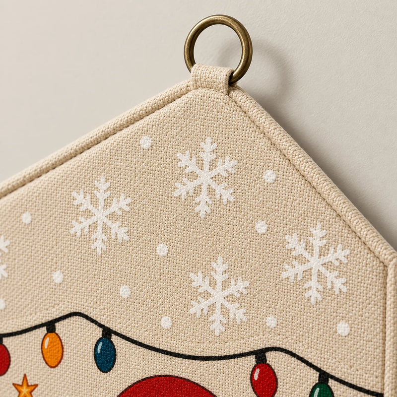 Close-up of the pointed top of the calendar showing the metal hanging ring, woven canvas texture, white snowflakes and a string of colorful lights. 3