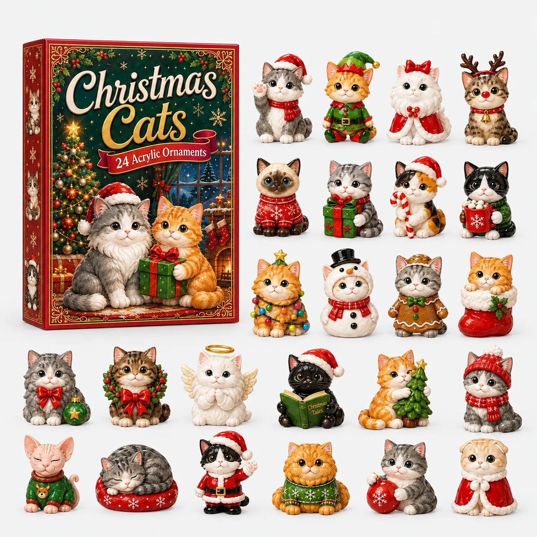 Gift box with a festive cat illustration beside 24 cat ornaments in different costumes laid out in rows. 2