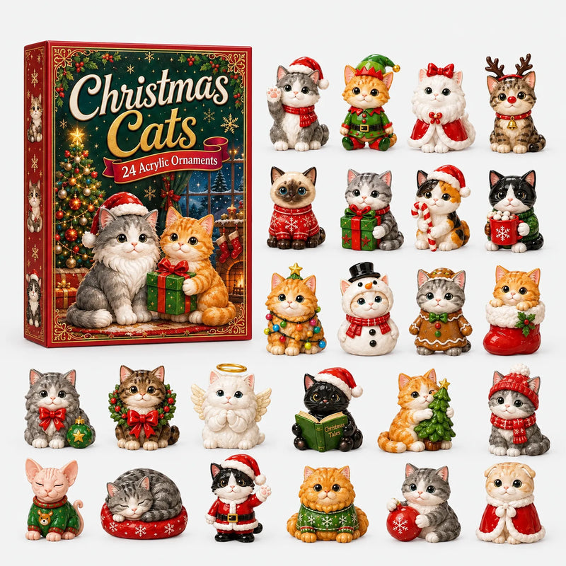 Gift box with a festive cat illustration beside 24 cat ornaments in different costumes laid out in rows. 2