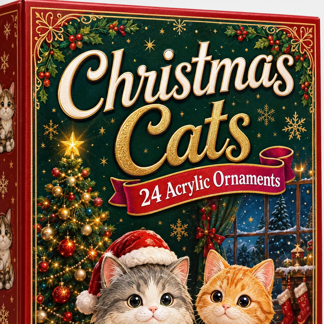 Close-up of the gift box front showing two illustrated cats in front of a decorated tree, a window and stockings. 3