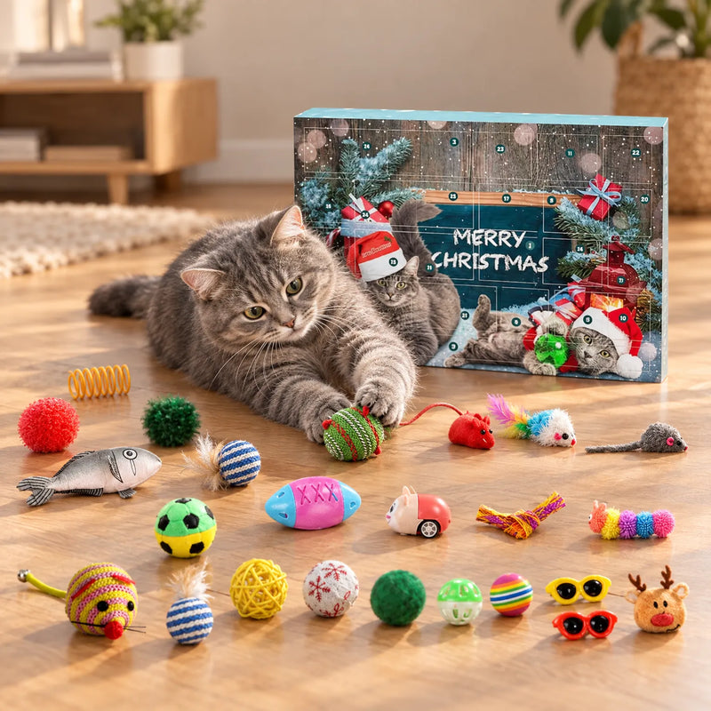 Gray cat lying on a wooden floor, batting a green knitted ball beside the advent calendar box and a spread of colorful toys. 1