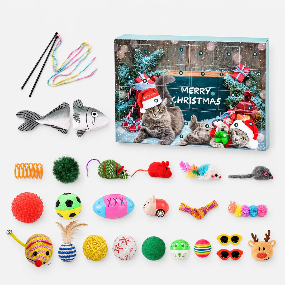 Flat lay of the festive advent calendar box with all its toys laid out: wand, plush fish, mice, balls, spring and reindeer. 2