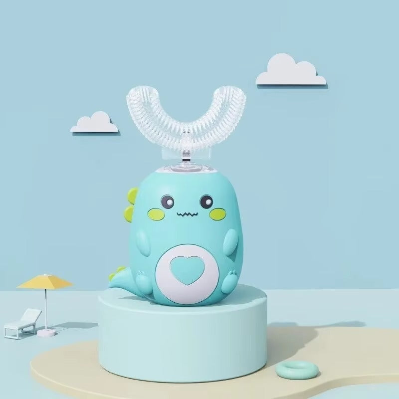 U-shaped children's toothbrush with sonic cleaning and a silicone brush head.